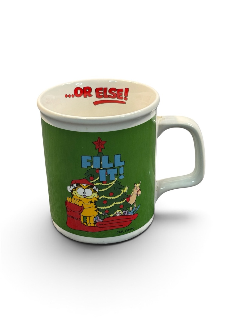 VTG Garfield Christmas Mug Enesco 1978 Fill It Or Else Green Coffee Jim Davis